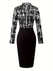 Colorblock Print Long Sleeve Slim Fit Dress
