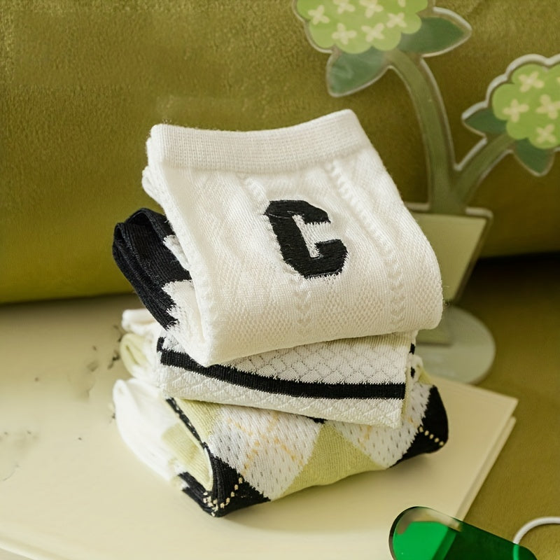3 Pairs Letter Embroidery Mesh Socks Women's Mid Tube Stockings