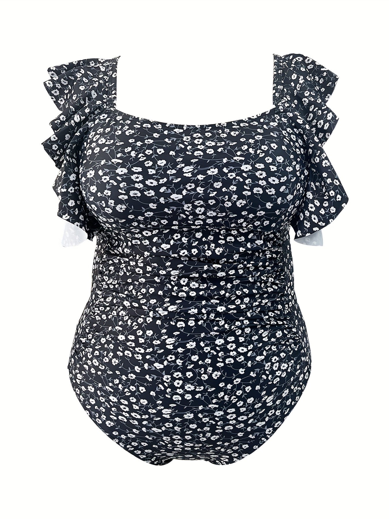 Boho Swimsuit Women's Plus Ditsy Floral Print Ruffle Trim One Piece