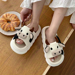 Funny Cow Slippers Open Toe Linen Slides Indoor Shoes