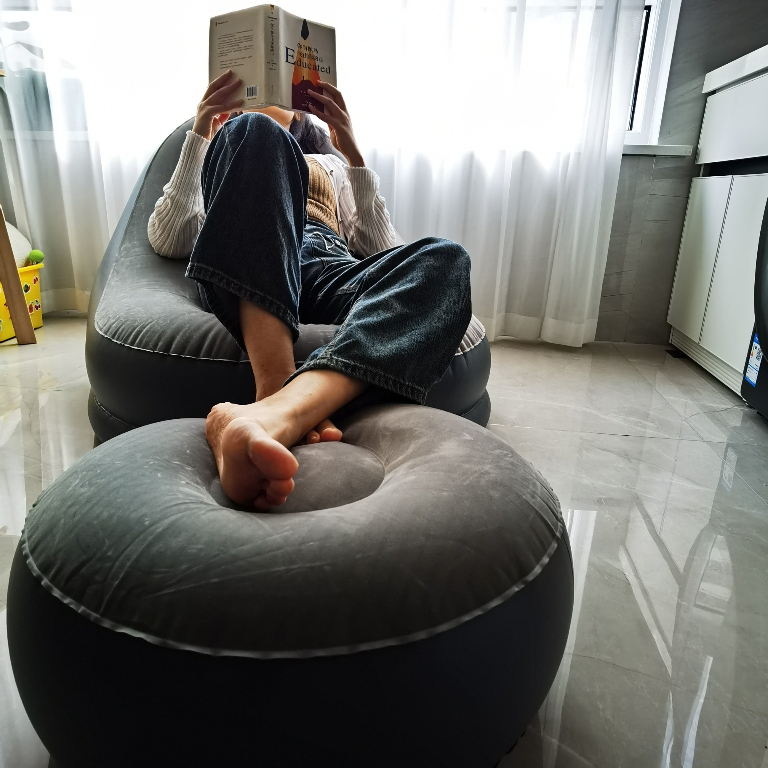 Inflatable Lounge Chair With Footstool Portable Inflatable Sofa Air Lounger
