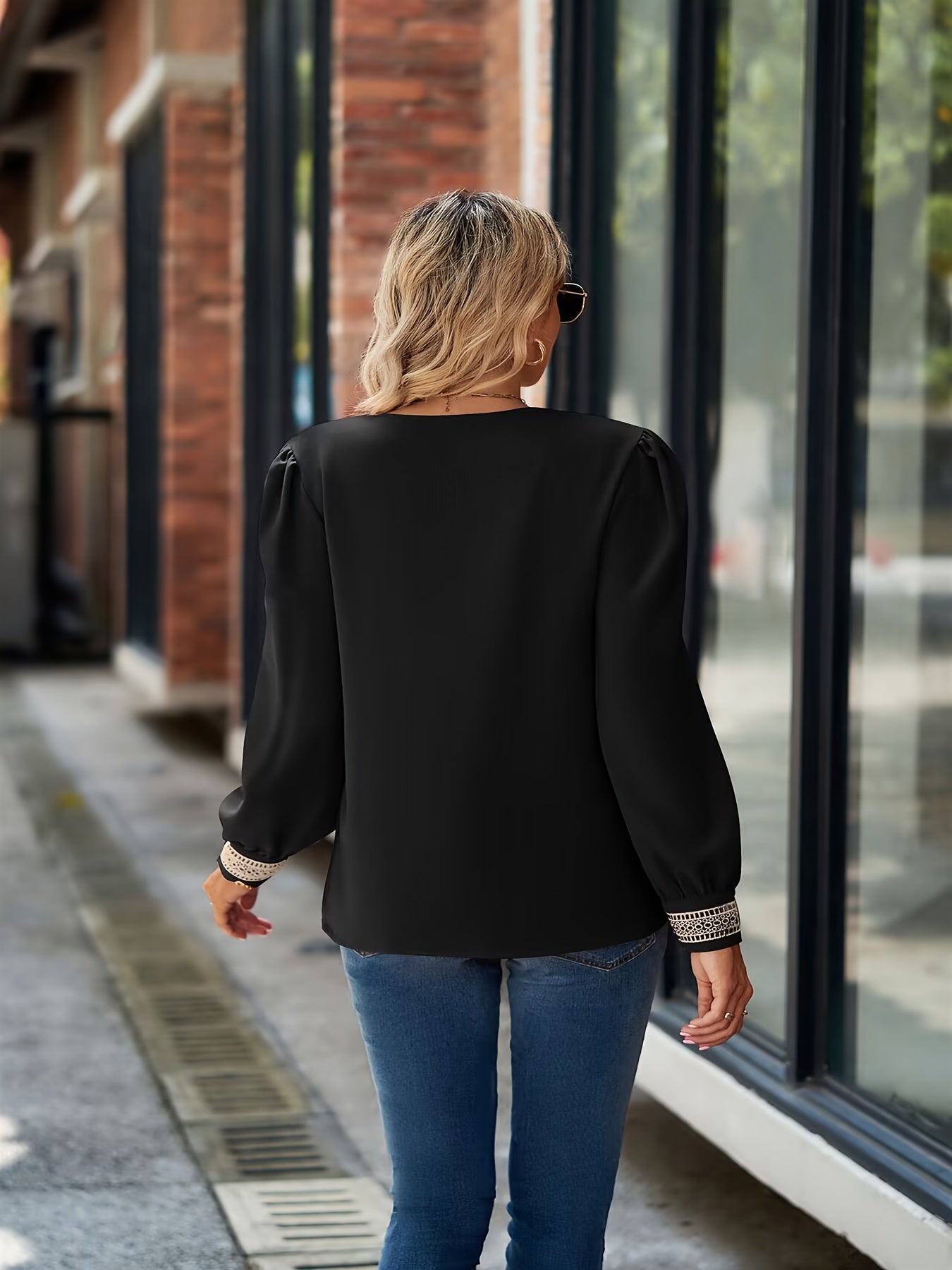 Solid Applique Long Puff Sleeve V Neck Top