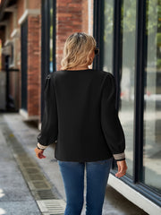 Solid Applique Long Puff Sleeve V Neck Top