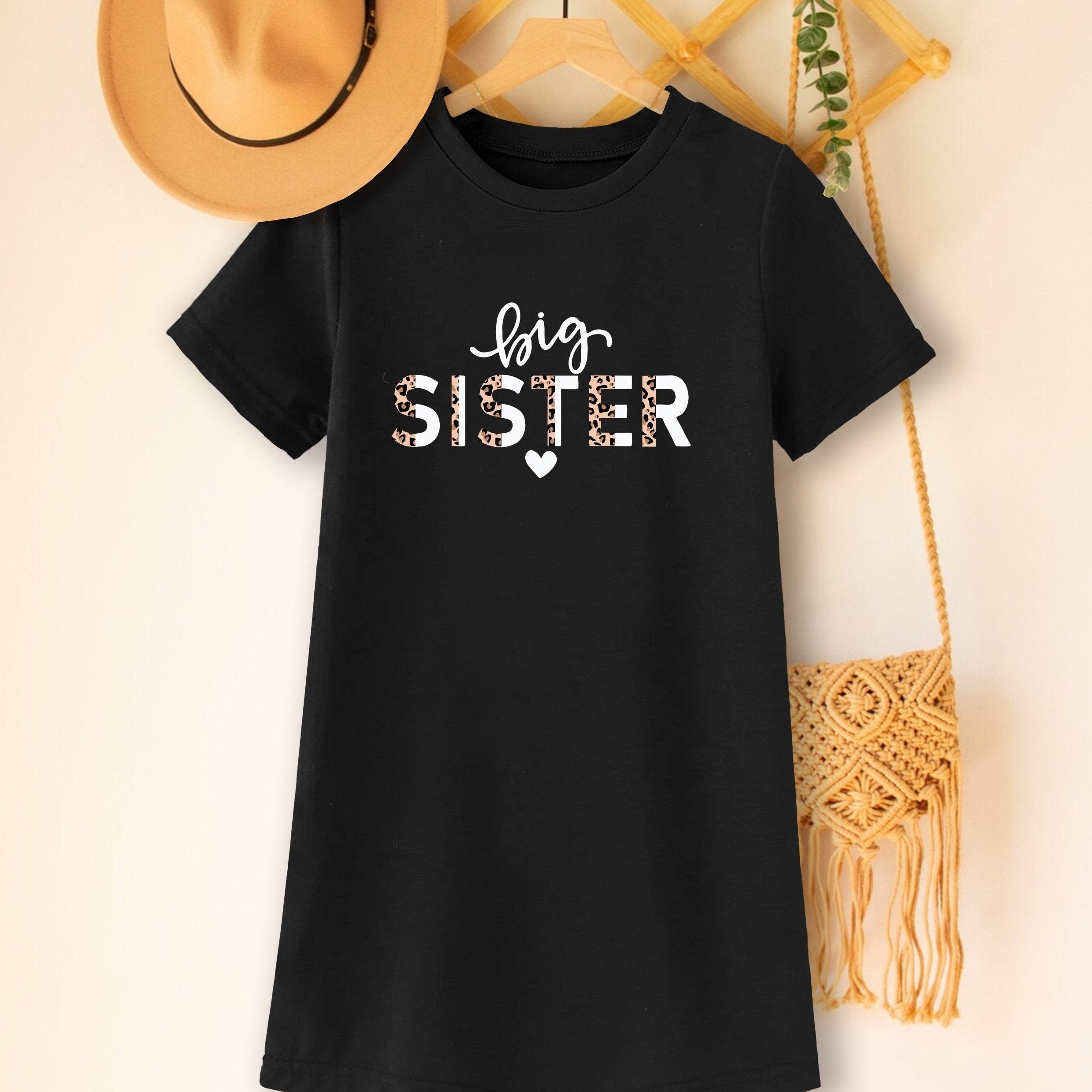 Toddler Girls Short Sleeve Leopard Letter BIG SISTER Graphic T Shirt Dress