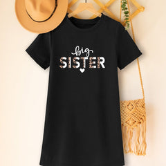 Toddler Girls Short Sleeve Leopard Letter BIG SISTER Graphic T Shirt Dress