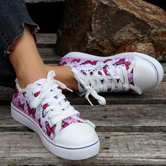 Women's Butterfly Pattern Canvas Shoes - Lace Up Low Round Toe Flat