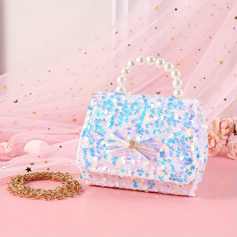 Kids Sequin Bow Crossbody Bag with Faux Pearl Decor