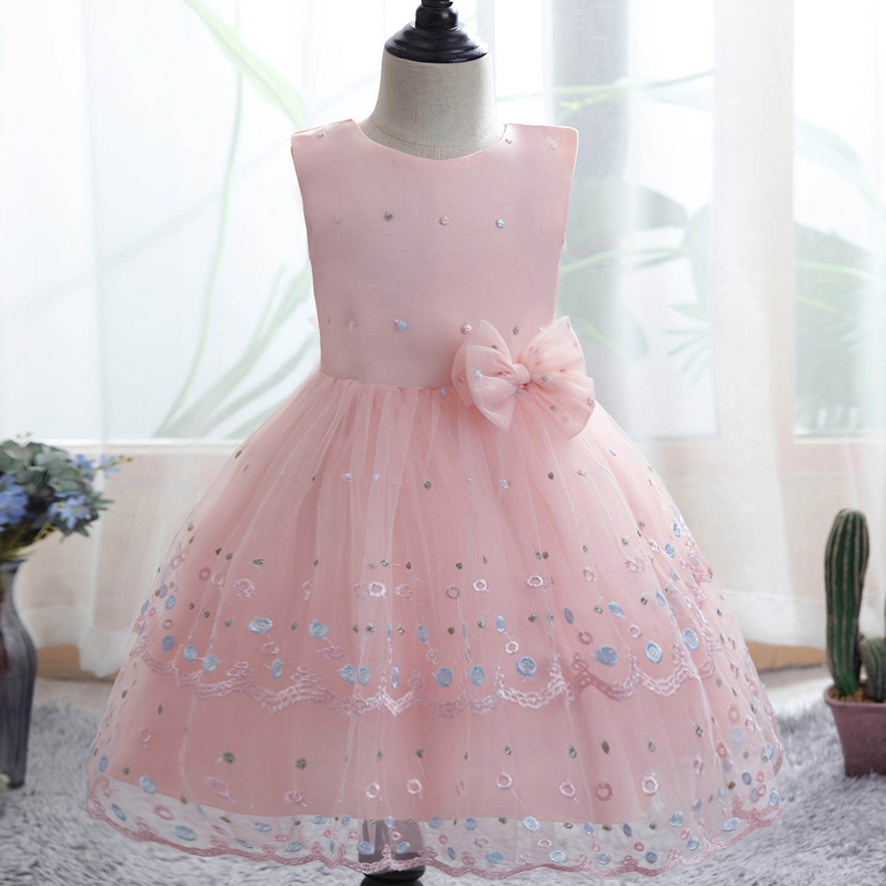 Baby Girls Floral Embroidery Sleeveless Mesh Princess Dress