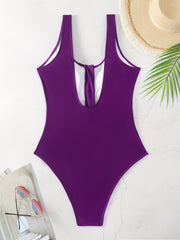 Sporty Plus Size Solid One Piece Swimsuit with U Neck and Half Zipper