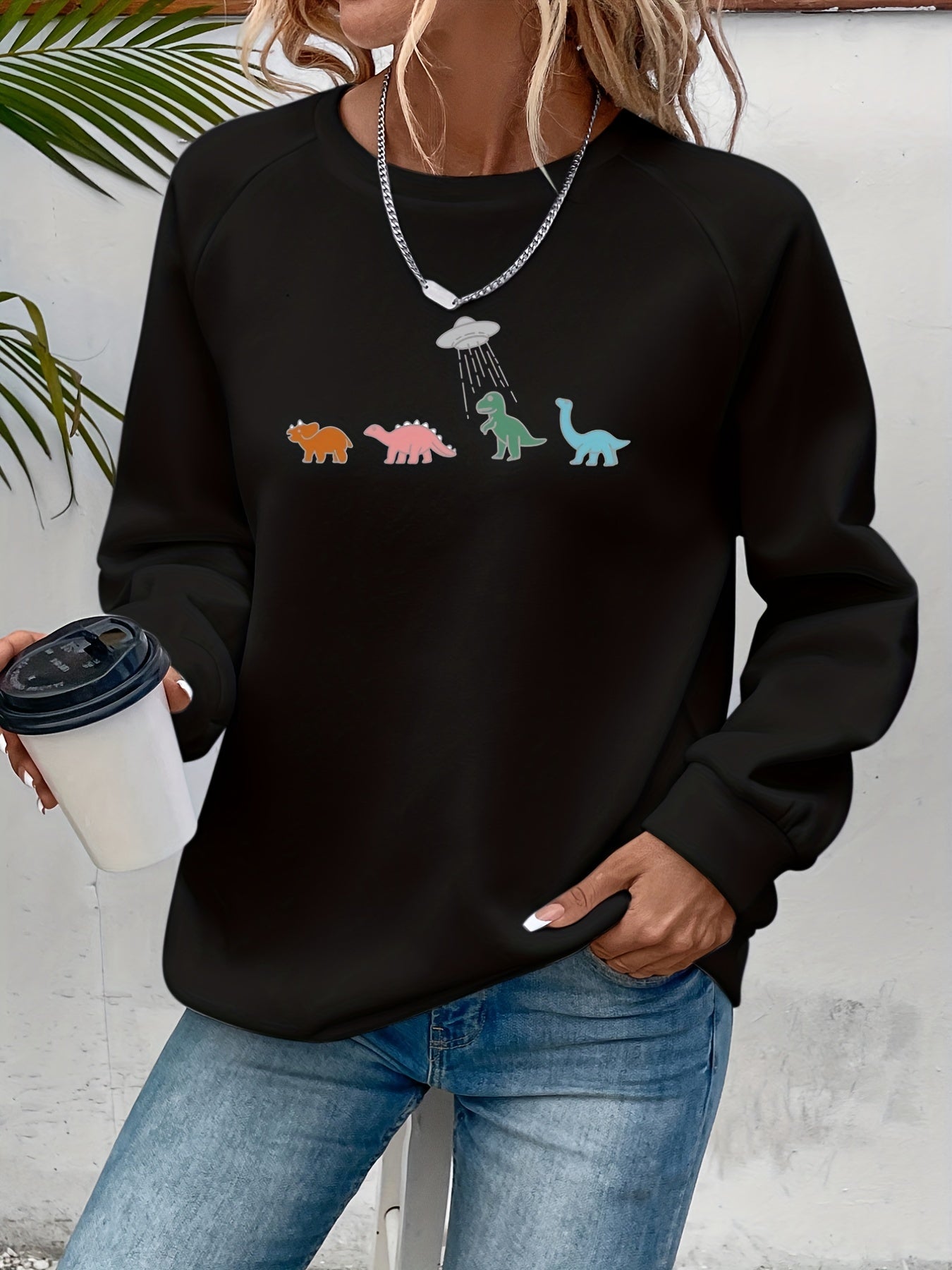 Dino Print Crew Neck Sweatshirt Women's S/F
