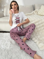 Bear & Letter Print Pajama Set Short Sleeve Top & Pants Women's Sleepwear