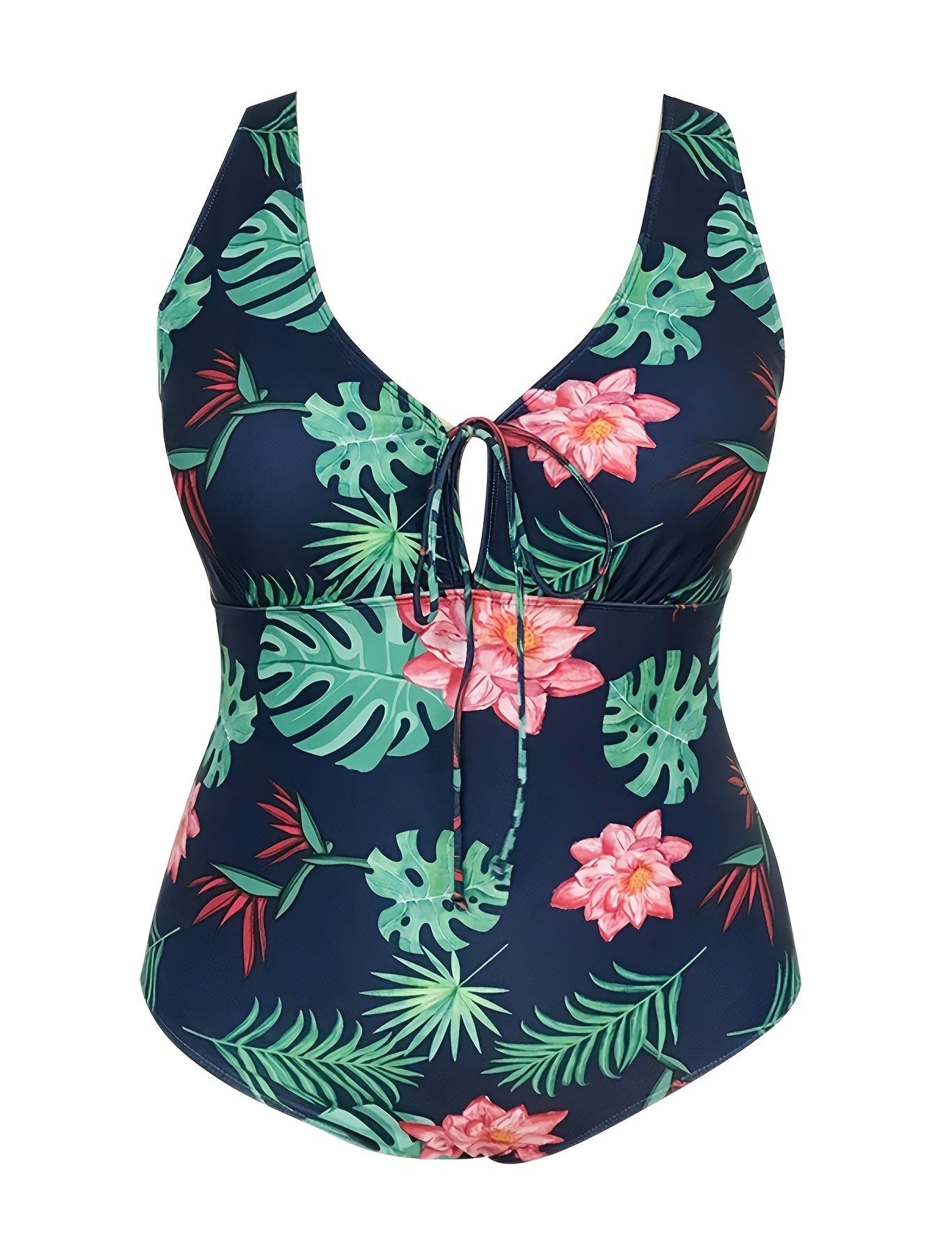 Tropical Print Knot Front One Piece Swimsuit Women's Plus Size