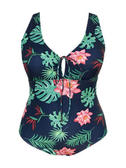 Tropical Print Knot Front One Piece Swimsuit Women's Plus Size