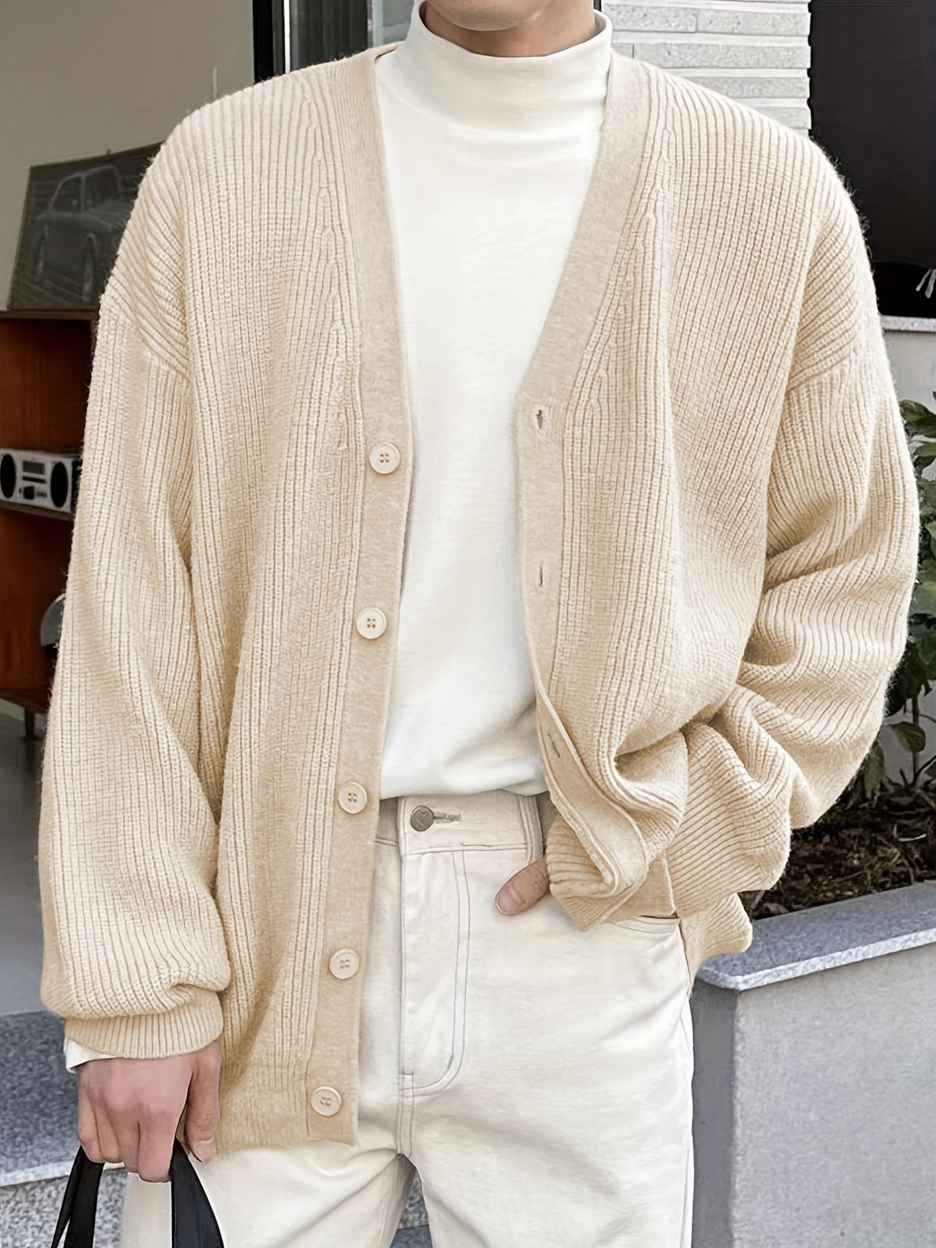 Solid V Neck Cardigan Men's Casual Button Up Coat Fall Winter