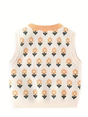 Infant Floral Print Vest Baby V Neck Button Down Knitted Sweater