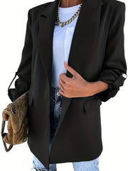 Solid Blazer Casual Roll Up Long Sleeve One Button Work Office Outerwear