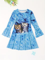 Girls Kitty Graphic Flare Long Sleeve Dress Cartoon Animal Print Dress