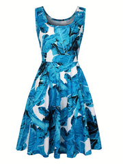 Tropical Print Tank Dress Medium Stretch A-line Dress
