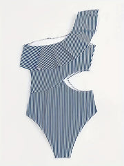 Striped Print One Shoulder Ruffle One Piece Swimsuit Cut Out Bathing Suit