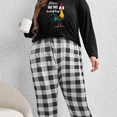 Chicken Print Loungewear Set: Tee & Plaid Pants Pajama