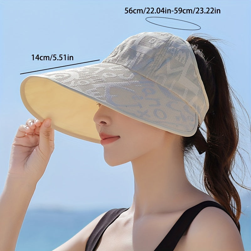Solid Jacquard Visor Hat Wide Brim Sunscreen Travel Beach Hat for Women