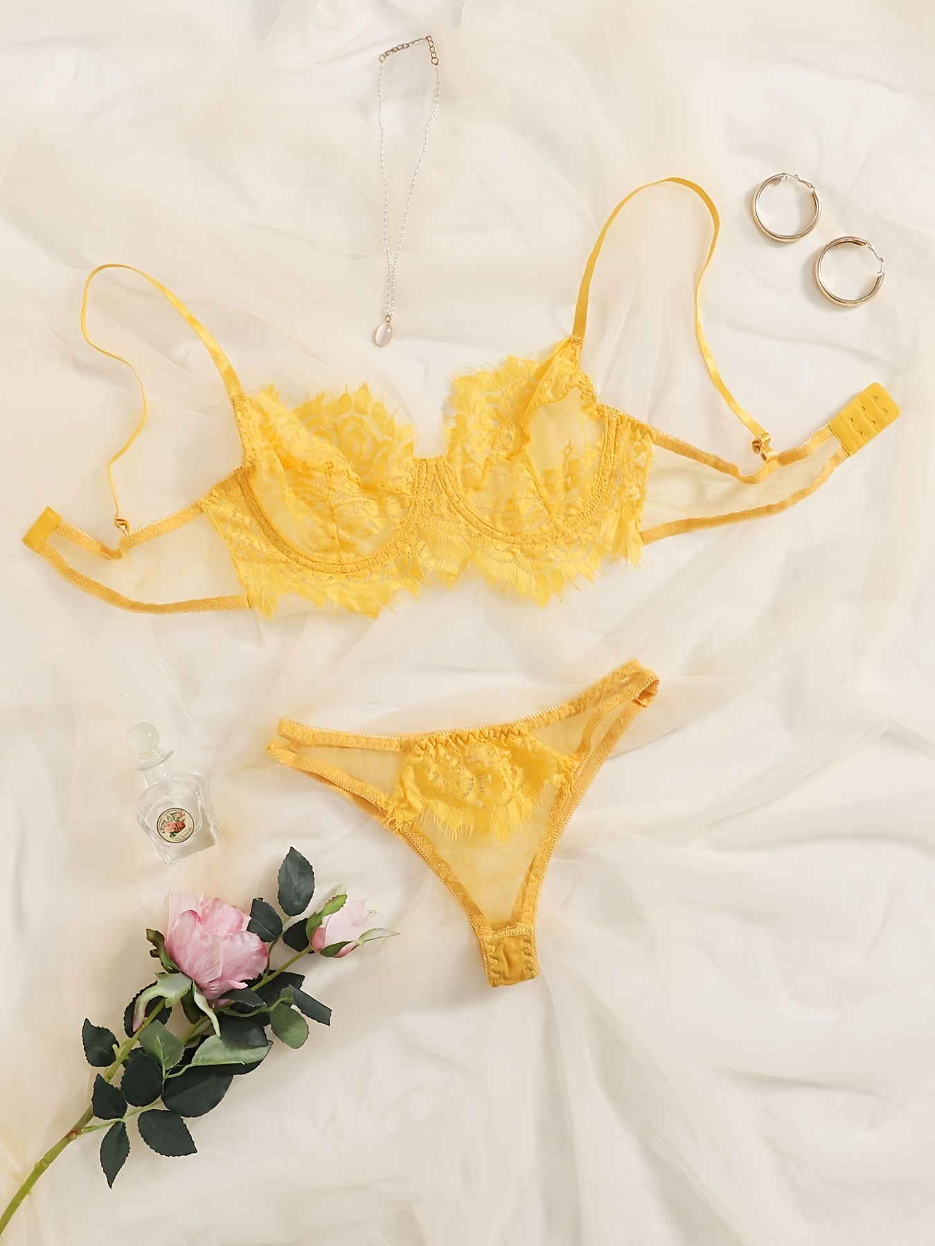 Lacy Trim Semi Sheer Lingerie Set Sexy Women's Underwear