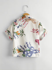 Beige Butterfly Flowers Lapel Short Sleeved Pants Casual Home Wear Set