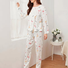 Flamingo Print Pajama Set Long Sleeve Crew Neck Top & Elastic Waistband Pants