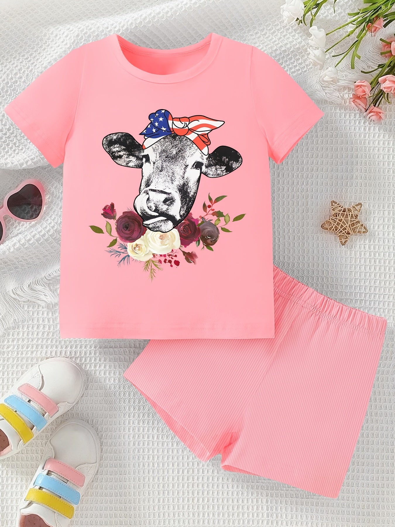 Bull Pattern Girl's 2pcs T Shirt & Shorts Set for Summer