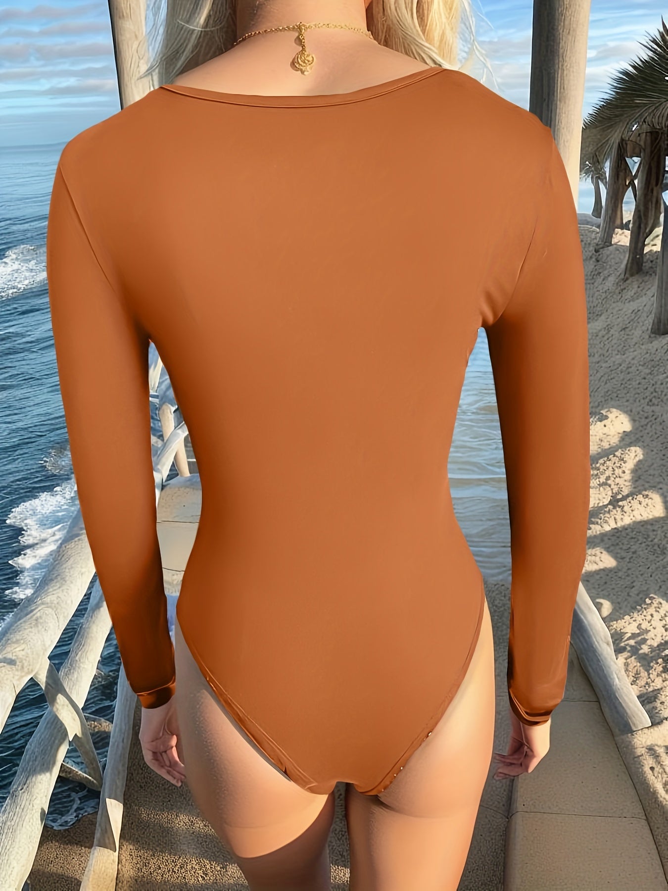 Solid Crew Neck Bodysuit Long Sleeve One Piece Bodysuit Women's Clothing