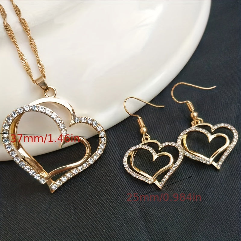 Heart Pendant Jewelry Set Rhinestone Decor Necklace Bracelet Earrings
