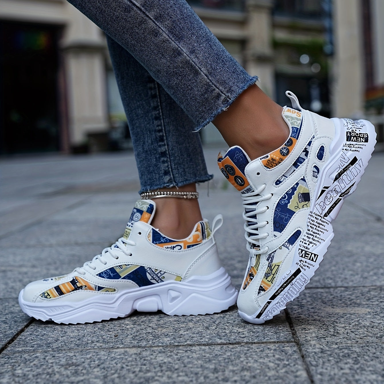 Graffiti Graphic Chunky Sneakers Soft Lightweight Running Shoes