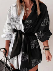 Women's Art Letter Print Shirt Dress With Belt