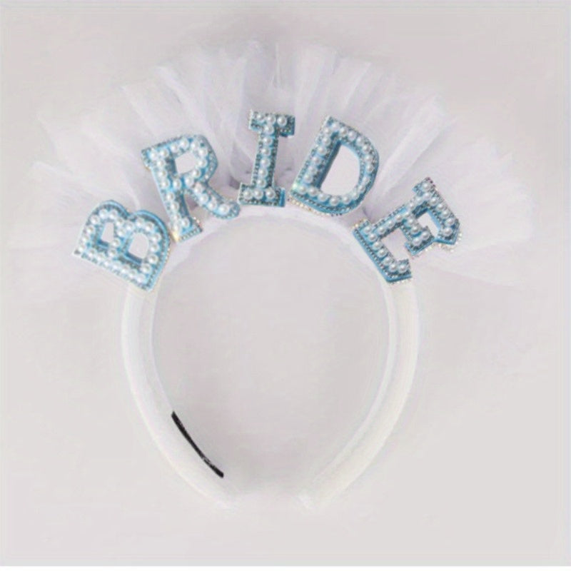 Bride Pearl Headband Tulle Bridal Hair Accessory with BRIDE Embellishment