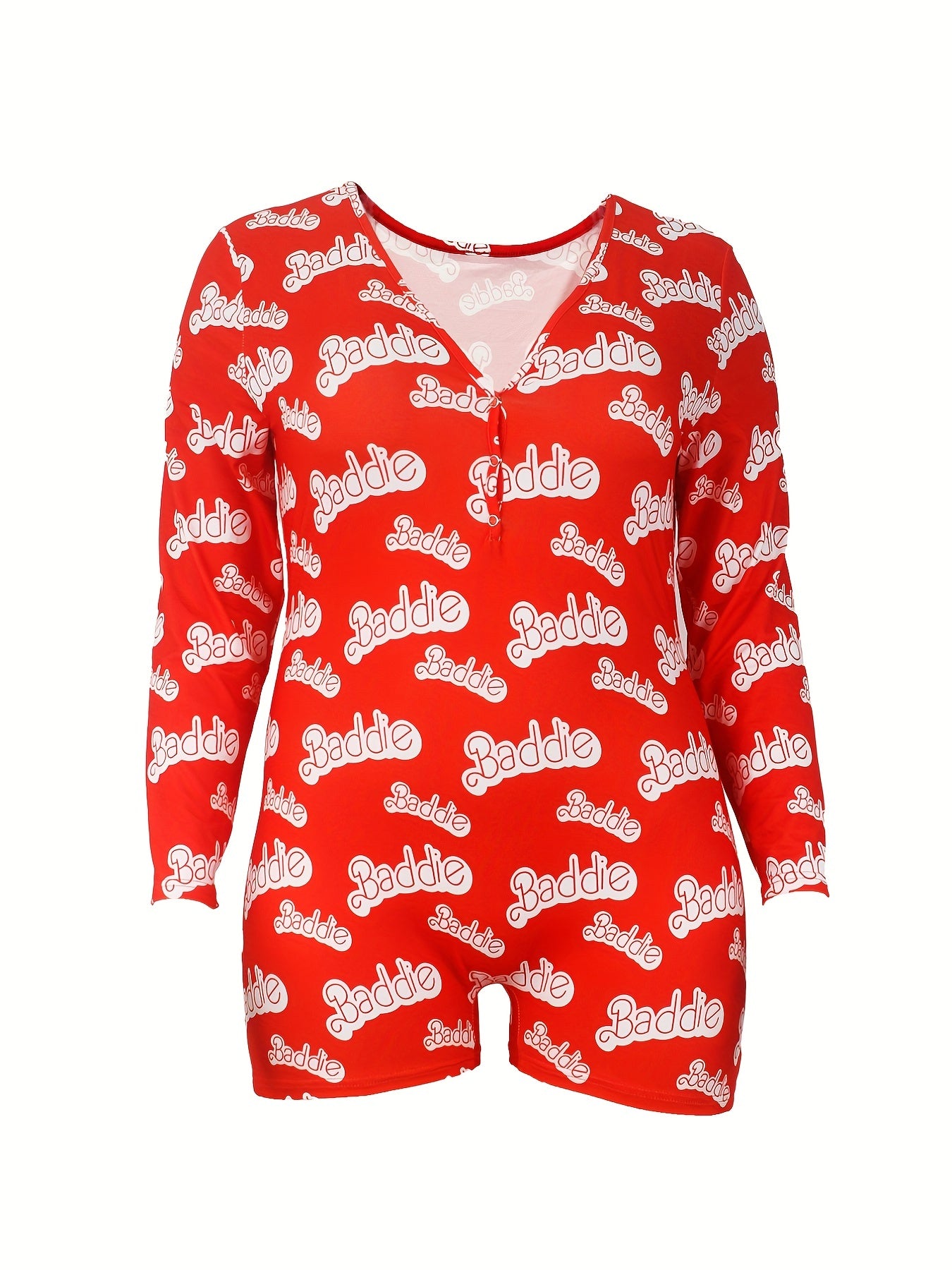 Sexy Lounge Romper Women's Plus Letter Print Long Sleeve Button Up