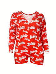 Sexy Lounge Romper Women's Plus Letter Print Long Sleeve Button Up