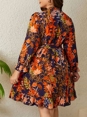 Floral Print Lantern Sleeve V Neck Mini Dress With Belt