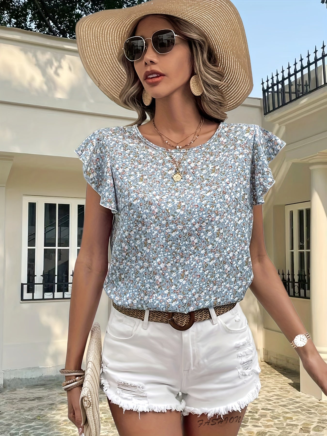 Floral Print Ruffle Trim Cap Sleeve Top