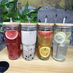24oz Clear Glass Cup with Wooden Lid & Steel Straw