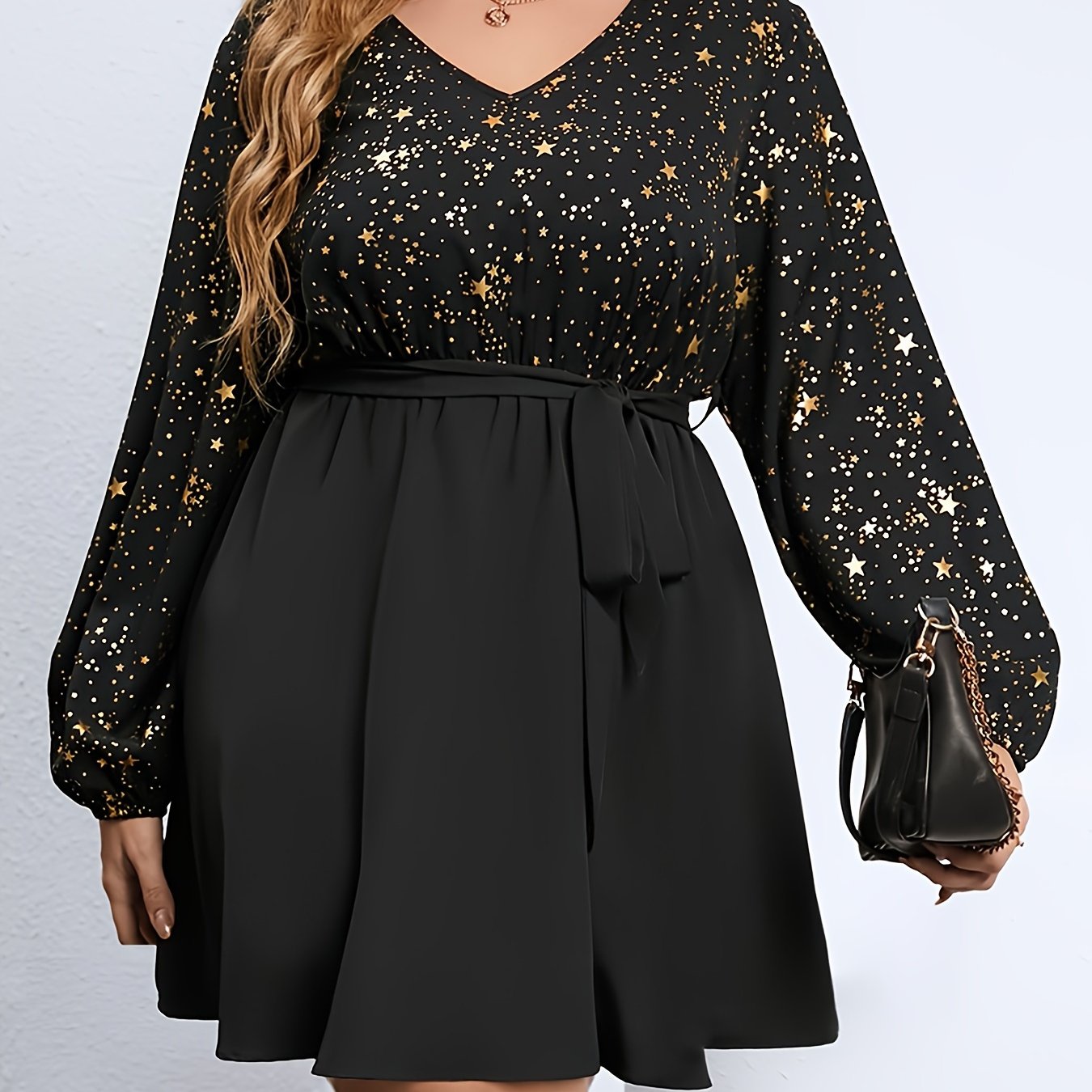 Star Print Long Sleeve V Neck Mini Dress With Belt