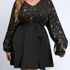 Star Print Long Sleeve V Neck Mini Dress With Belt
