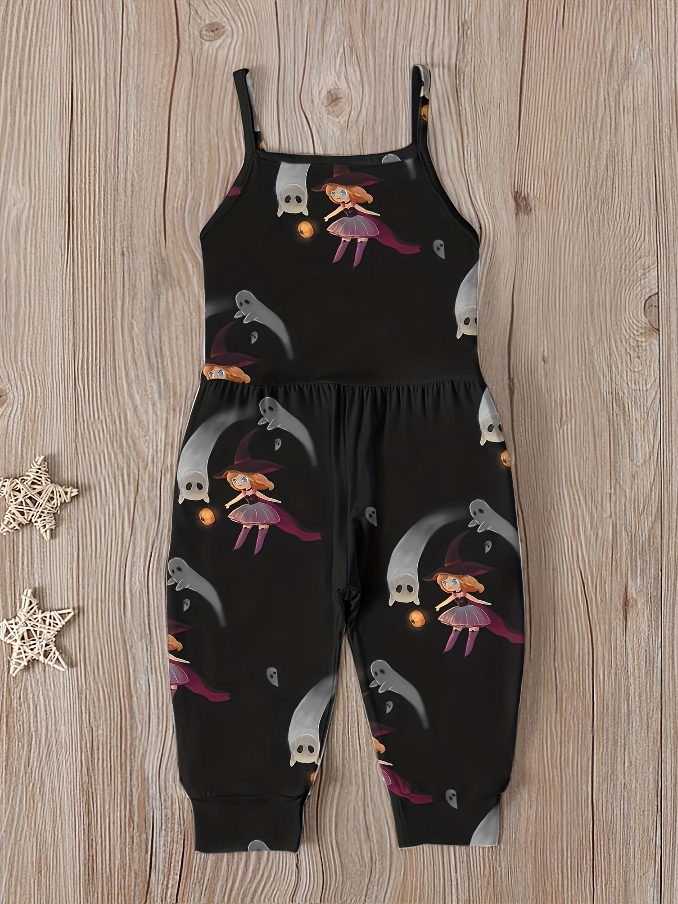Toddler Girls Witch Hat Prints Halloween Cami Jumpsuit Romper