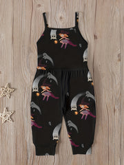 Toddler Girls Witch Hat Prints Halloween Cami Jumpsuit Romper