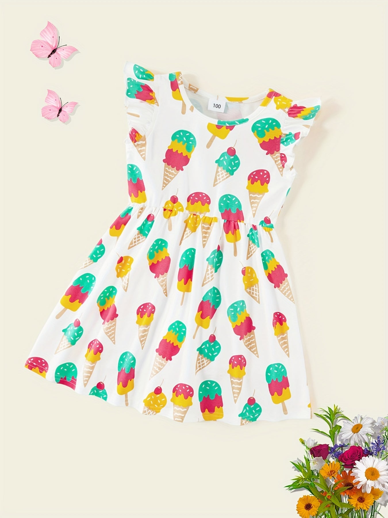 Girls Flying Sleeves Dress Polka Dot Ice Cream Print Kids Princess Dress
