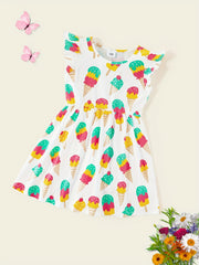 Girls Flying Sleeves Dress Polka Dot Ice Cream Print Kids Princess Dress