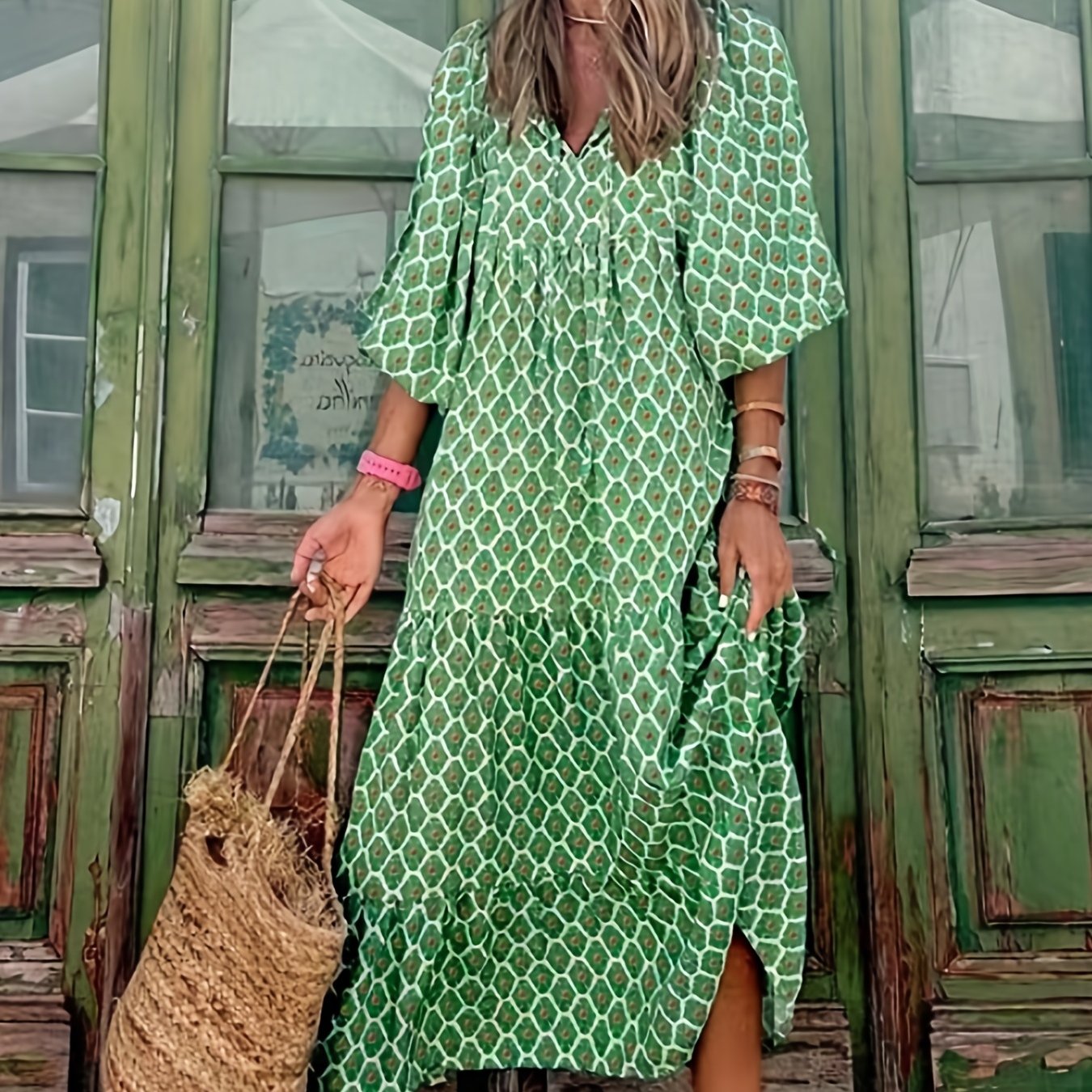 Boho Puff Sleeve Maxi Loose Dress Women's Clothing