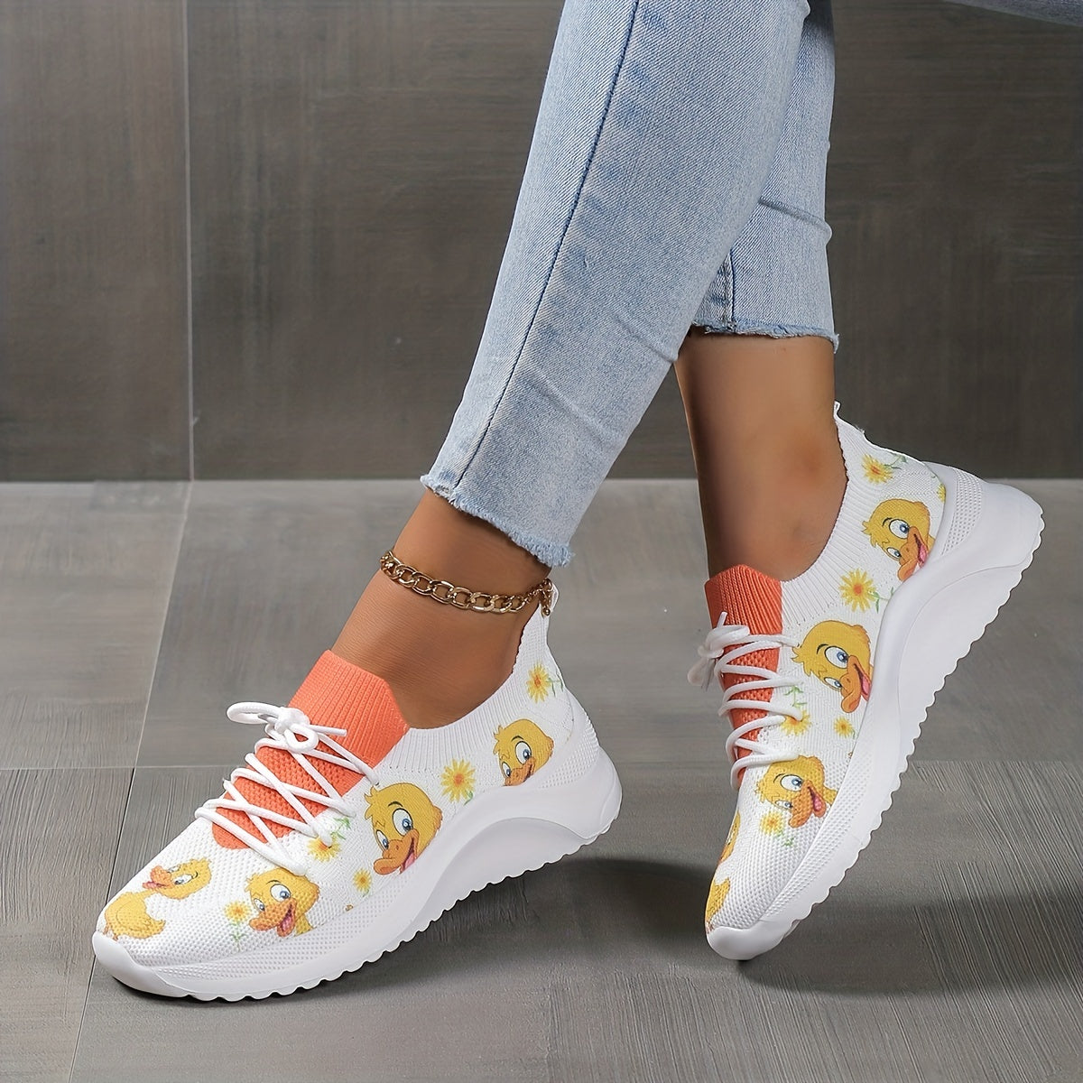 Duck Print Mesh Breathable Woven Shoes Lightweight Comfortable Sneakers