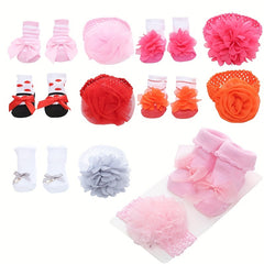2pcs Newborn Girls Socks & Headband Set - Cotton Princess Crew Socks & Headwear