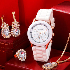 Kids Silicone Quartz Watch & Rhinestone Jewelry Set