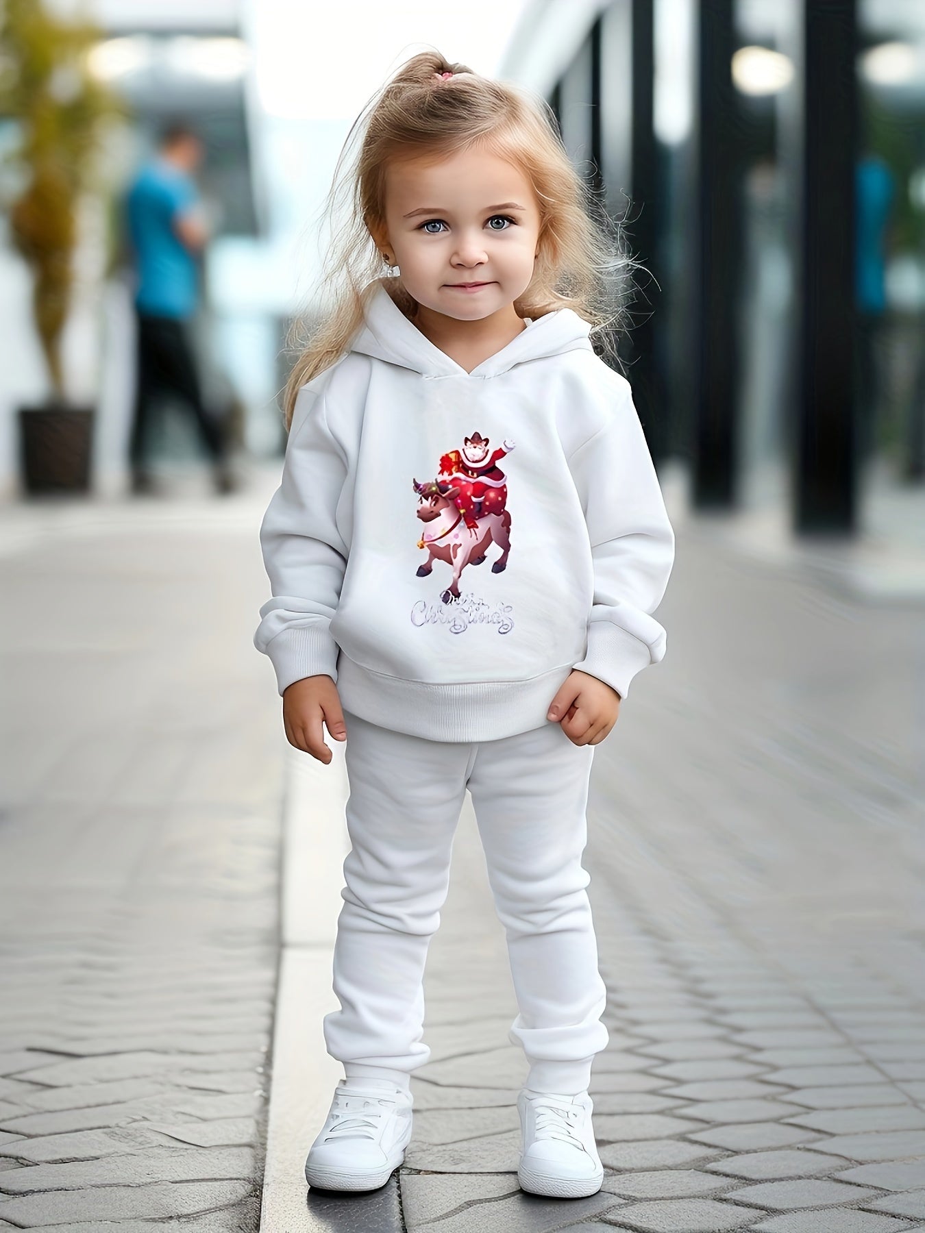 Girls 2pc Santa Claus Pattern Hooded Sweatshirt & Sweatpants Set